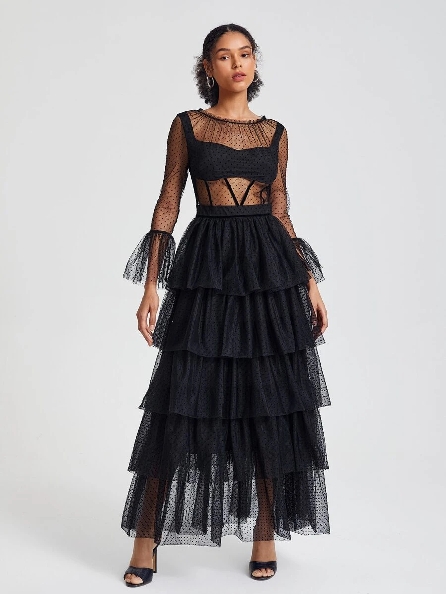 ASHWINI PATIL Flounce Sleeve Layer Hem Mesh Overlay Dress Tulle Dress - Black - View 1
