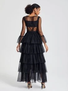 ASHWINI PATIL Flounce Sleeve Layer Hem Mesh Overlay Dress Tulle Dress - Black - View 2