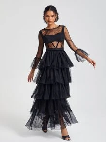 ASHWINI PATIL Flounce Sleeve Layer Hem Mesh Overlay Dress Tulle Dress - Black - View 4