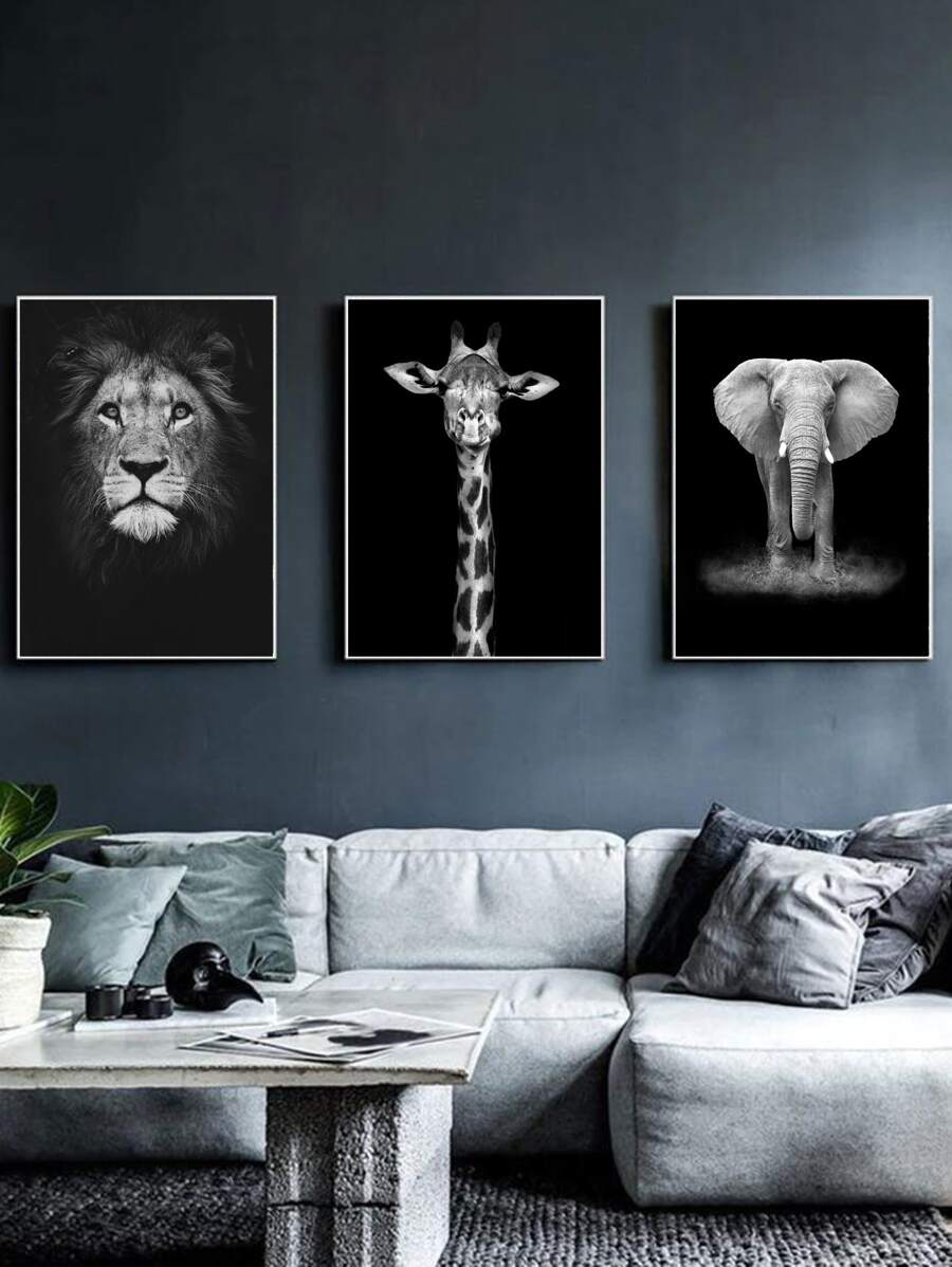 3 bức tranh tường in hình động vật, tranh treo tường, không bao gồm khung, để trang trí nhà cửa - Đen và trắng - Xem 1