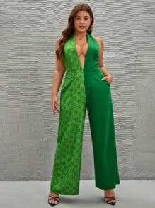 The Modern Alien Plus Alien Print Plunge Neck Backless Halter Jumpsuit - Multicolor - View 1