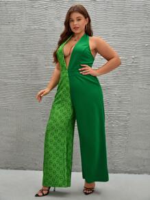 The Modern Alien Plus Alien Print Plunge Neck Backless Halter Jumpsuit - Multicolor - View 3