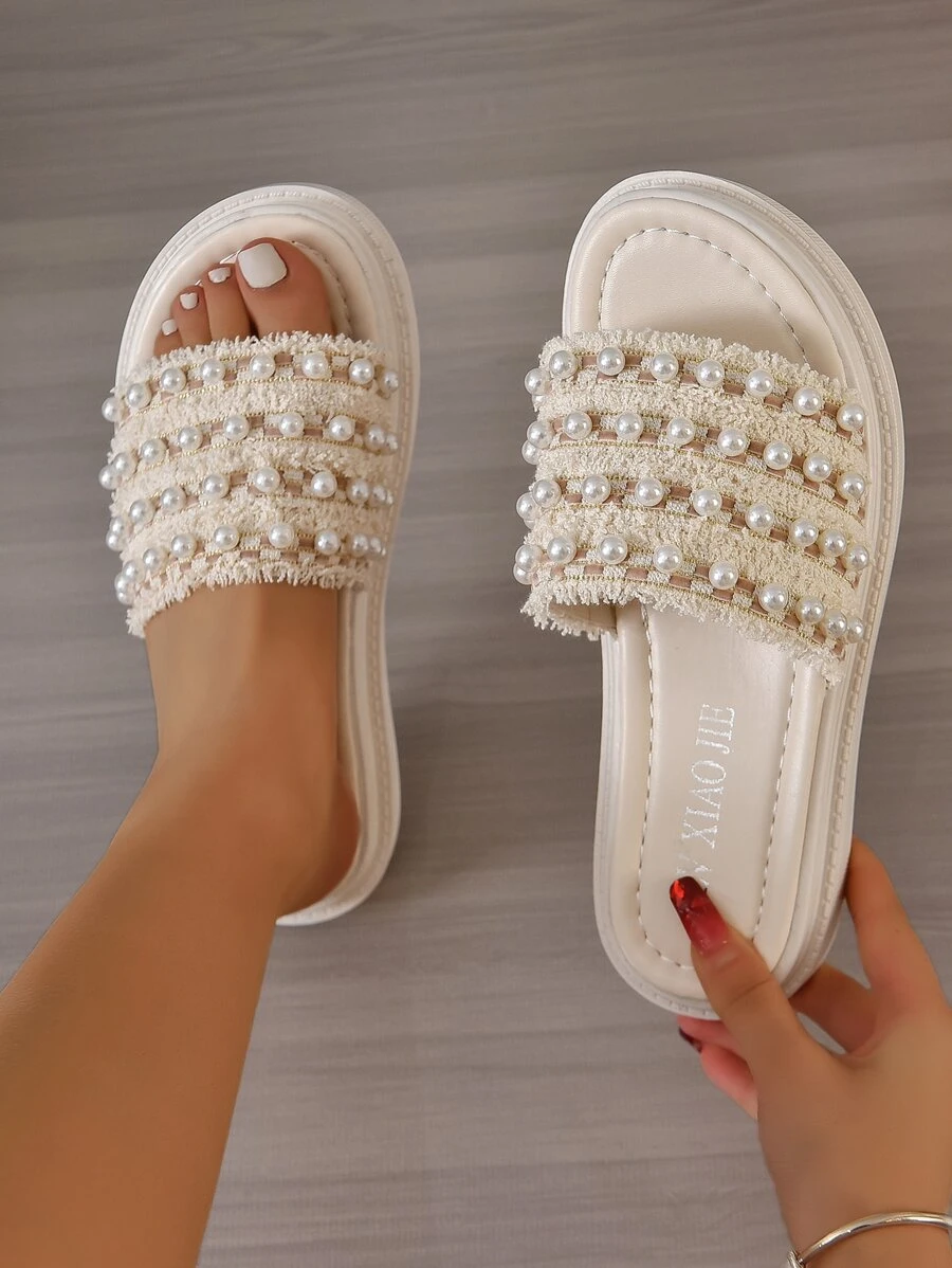 Women Faux Pearl Decor Wedge Slide Sandals, Fashion Summer Sandals Valentines - Beige - View 1