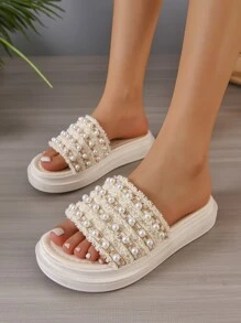 Women Faux Pearl Decor Wedge Slide Sandals, Fashion Summer Sandals Valentines - Beige - View 2