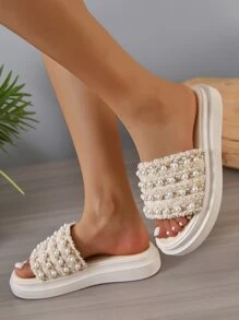 Women Faux Pearl Decor Wedge Slide Sandals, Fashion Summer Sandals Valentines - Beige - View 3