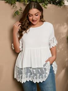 SHEIN LUNE Áo sơ mi Plus Size Tương phản Mesh Thêu màu trơn Boho - trắng - Xem 1