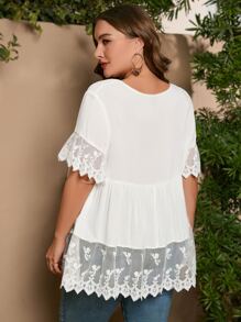 SHEIN LUNE Áo sơ mi Plus Size Tương phản Mesh Thêu màu trơn Boho - trắng - Xem 2