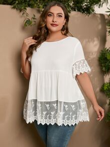 SHEIN LUNE Áo sơ mi Plus Size Tương phản Mesh Thêu màu trơn Boho - trắng - Xem 4