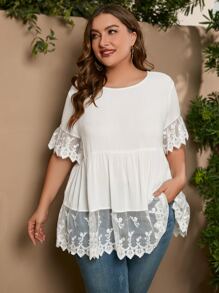 SHEIN LUNE Áo sơ mi Plus Size Tương phản Mesh Thêu màu trơn Boho - trắng - Xem 5