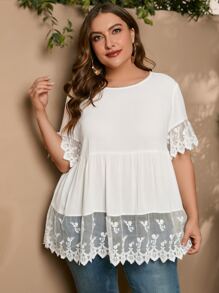 SHEIN LUNE Áo sơ mi Plus Size Tương phản Mesh Thêu màu trơn Boho - trắng - Xem 7