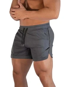 Manfinity Fitness 男士纯色抽绳腰运动短裤 健身短裤 男士健身短裤 健身短裤 男士跑步短裤 运动短裤 灰色短裤 - 深灰色 - 查看 1