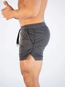 Manfinity Fitness 男士纯色抽绳腰运动短裤 健身短裤 男士健身短裤 健身短裤 男士跑步短裤 运动短裤 灰色短裤 - 深灰色 - 查看 3