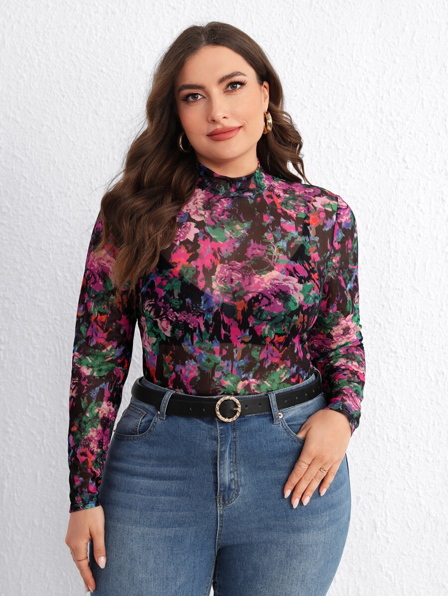 SHEIN Privé Top con estampado floral de cuello alto de malla sin sujetador