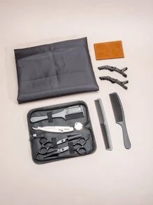 Set de peluquería Peine de corte de pelo Peine de corte de pelo Tijeras planas Set de tijeras Porta cuchillas Tornillo de limpieza Paño de limpieza Bolsa de almacenamiento Pinza de cocodrilo Set de doce piezas Negro - Negro - Ver 1