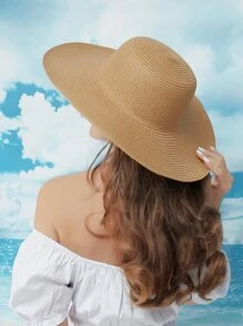 素色草編帽 - 卡其色 - 查看 1