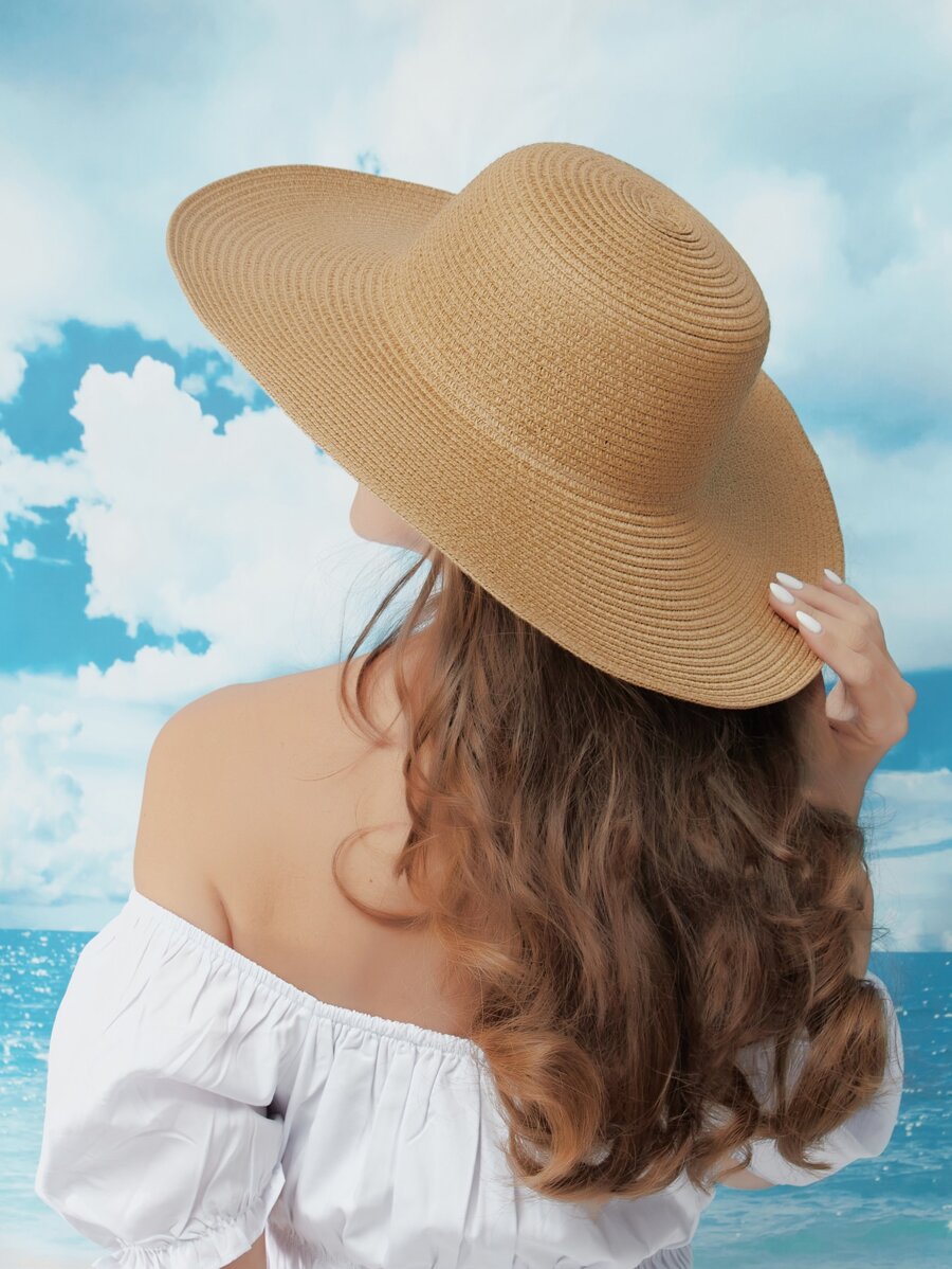 素色草編帽 - 卡其色 - 查看 1