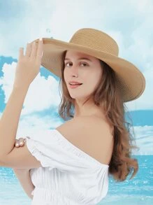 素色草編帽 - 卡其色 - 查看 3