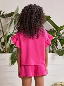 SHEIN 女孩荷葉邊荷葉袖上衣和短褲 - 玫紅色 - 查看 2