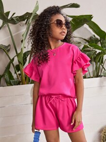 SHEIN 女孩荷葉邊荷葉袖上衣和短褲 - 玫紅色 - 查看 4