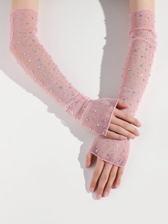 1 par de guantes largos con decoración de galaxia rosa y cristales completos, accesorios para festival de música, Halloween, invierno y boda