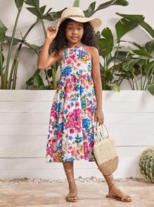 SHEIN Girls Floral Print Halter Neck Dress - Multicolor - View 1