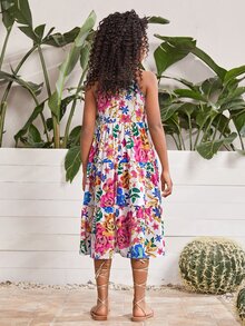 SHEIN Girls Floral Print Halter Neck Dress - Multicolor - View 2