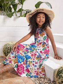 SHEIN Girls Floral Print Halter Neck Dress - Multicolor - View 3