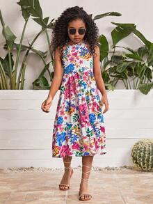 SHEIN Girls Floral Print Halter Neck Dress - Multicolor - View 4