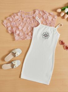 SHEIN 女孩貼花網紗上衣和印花吊帶連衣裙 - 彩色 - 查看 1