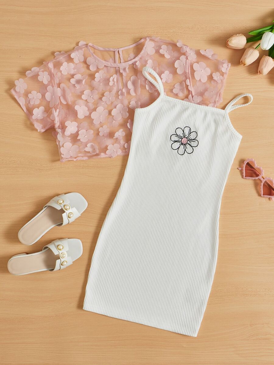 SHEIN 女孩貼花網紗上衣和印花吊帶連衣裙 - 彩色 - 查看 1
