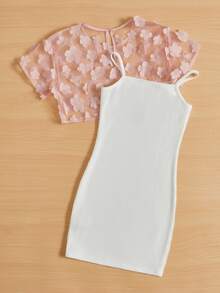 SHEIN 女孩貼花網紗上衣和印花吊帶連衣裙 - 彩色 - 查看 2