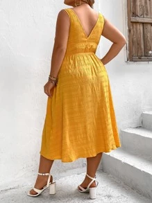 SHEIN VCAY Plus Plunge Neck A-line Dress - Yellow - View 5