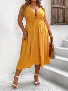 SHEIN VCAY Plus Plunge Neck A-line Dress - Yellow - View 3