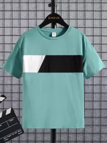 SHEIN Chicos Camiseta de hombros caídos de color combinado - verde menta - Ver 1