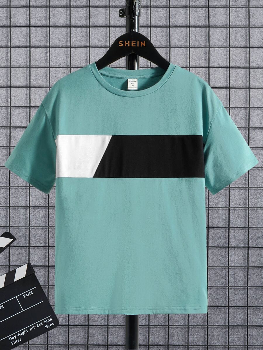 SHEIN Chicos Camiseta de hombros caídos de color combinado - verde menta - Ver 1