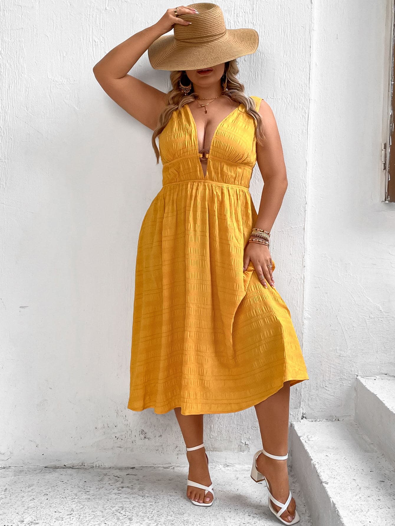 SHEIN VCAY Plus Plunge Neck A-line Dress - Yellow - View 1