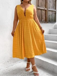 SHEIN VCAY Plus Plunge Neck A-line Dress - Yellow - View 2