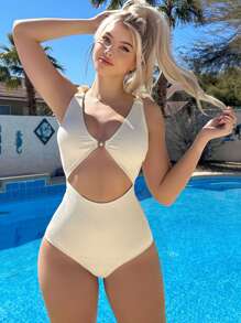 Ribbed Knit Tie Shoulder One Piece Swimsuit - Beige - View 1