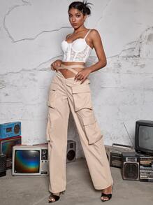 街織帶側翻蓋口袋工裝褲 - 卡其色 - 查看 4