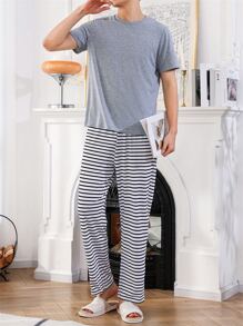 Men Solid Sleep Tee & Striped Print Trousers - Multicolor - View 6