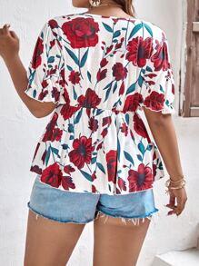 SHEIN Holidaya Plus Floral Print Puff Sleeve Tee - White - View 2