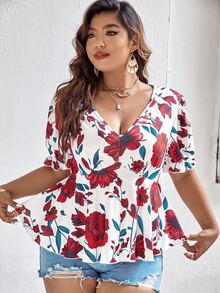 SHEIN Holidaya Plus Floral Print Puff Sleeve Tee - White - View 5