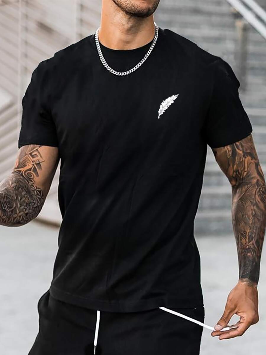 Manfinity Homme Hombres Camiseta con estampado de pluma - Negro - Ver 1