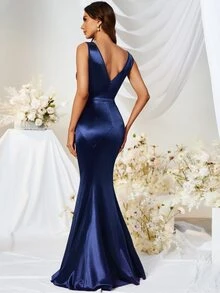 MUXXN Mermaid Hem Satin Bodycon Formal Gown - Navy Blue - View 3