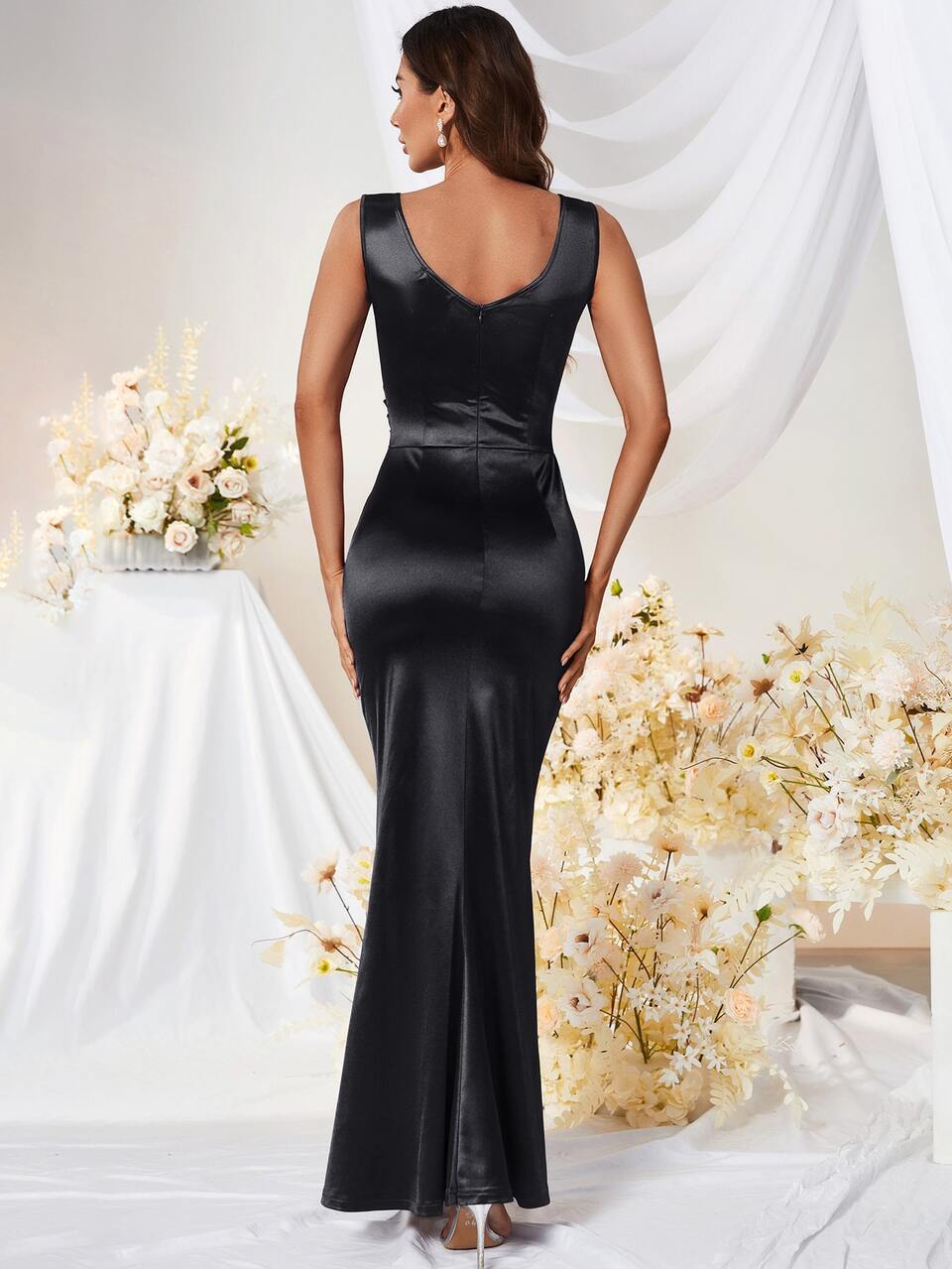 MUXXN Split Thigh Satin Dress, Black Elegant Formal Evening Prom Dress, For Wedding Guest, Graduation, Dinner, Party Dress, Gown