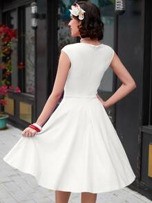 MUXXN Cross Wrap Front Flare Hem Cocktail Dress - White - View 3