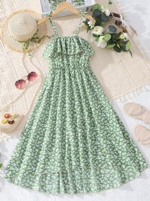 SHEIN Tween Girl Ditsy Floral Print Ruffle Trim High Low Hem Cami Dress - Mint Green - View 1