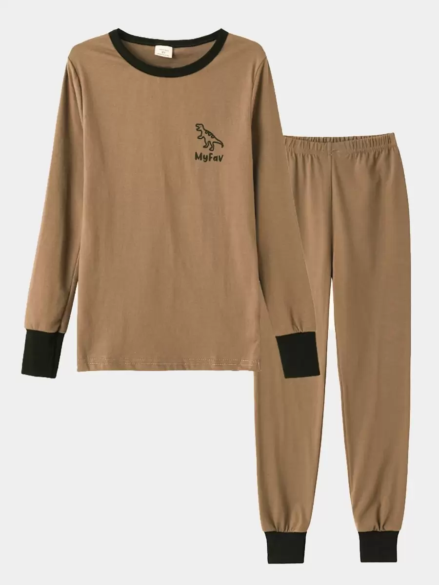 2pcs/Set Tween Boy Snug Fit Dinosaur Pattern Solid Color Long Sleeve Long Pants Casual Comfortable Homewear Pajamas - Coffee Brown - View 1