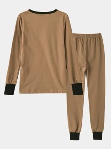 2pcs/Set Tween Boy Snug Fit Dinosaur Pattern Solid Color Long Sleeve Long Pants Casual Comfortable Homewear Pajamas - Coffee Brown - View 2