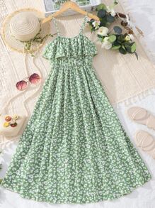 SHEIN Tween Girl Ditsy Floral Print Ruffle Trim High Low Hem Cami Dress - Mint Green - View 2